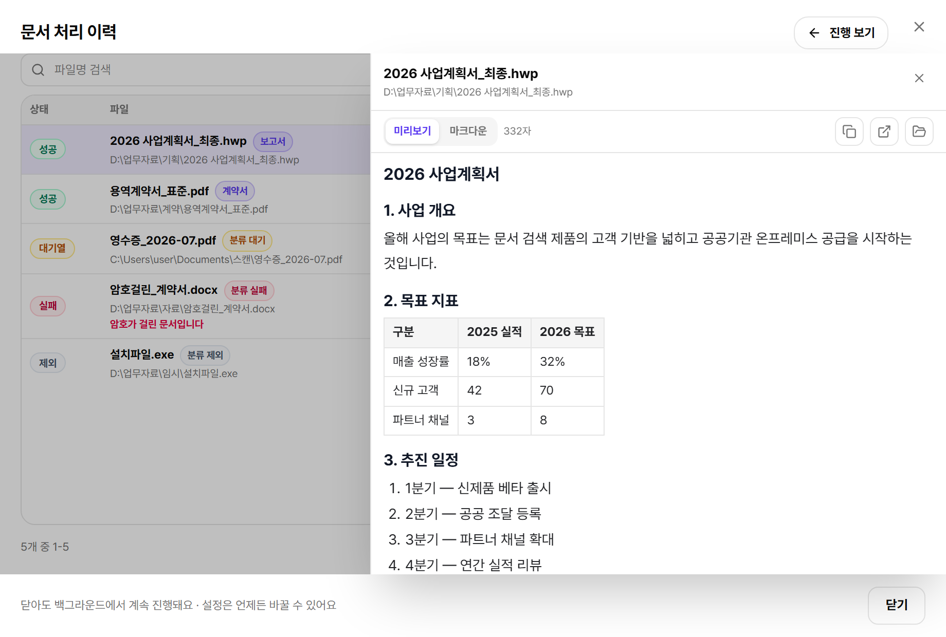 Findex 문서 처리 이력과 분석 결과 미리보기